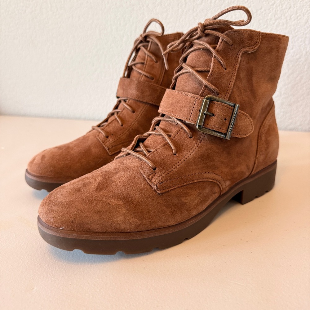 Vionic Catina Ankle Boot Suede Combat Womens Brown 9.5 Buckle Side Zip